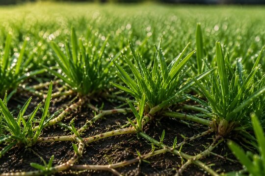 Lush green lawn with stolon network connecting grass clusters, morning dew.