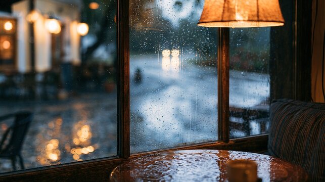 Cafe window view quiet street rain cozy