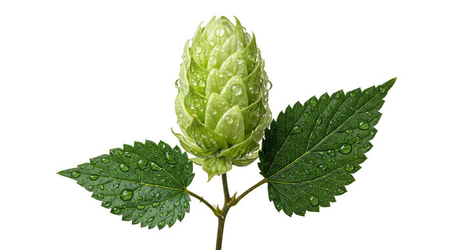Fresh green hop cone with leaves. Organic beer ingredient isolated on white background.