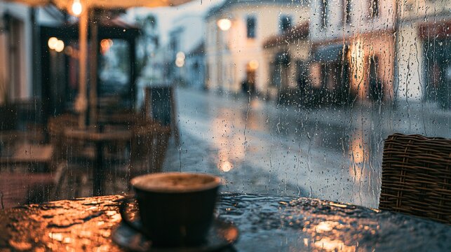Cafe window view quiet street rain cozy