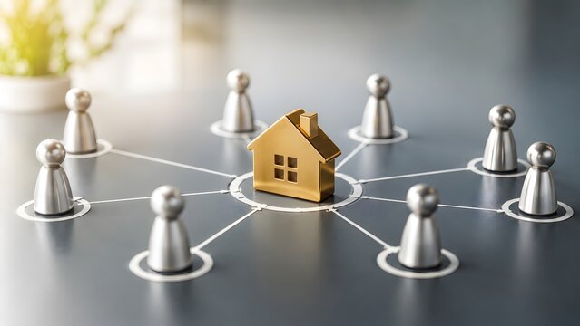 Real estate investment network featuring a golden house model connected to silver peg figures representing community stakeholders.