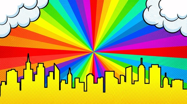 Bright yellow skyline combined with colorful rainbow sunrise rays for energetic urban-themed graphic designs and promotional materials.