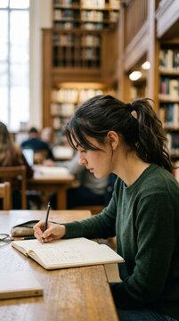 Young female student writing notes in library during focused study session