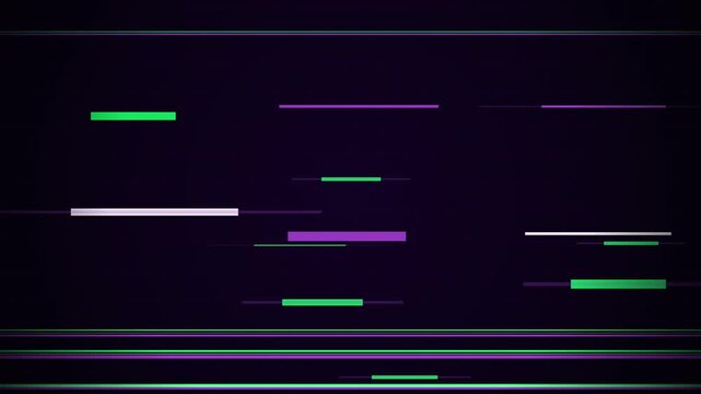 Horizontal purple and green digital glitch lines flickering on dark background.