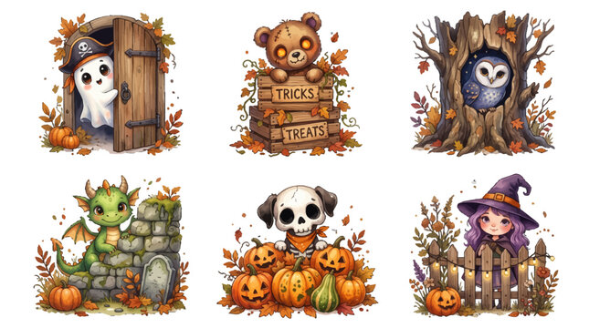 Cute Halloween Peeking Clipart Collection with a ghost pirate, spooky teddy bear, owl in a tree, green dragon, skeleton dog with pumpkins, and a little witch