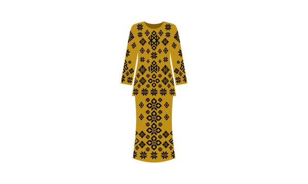 Traditional Malay Baju Kurung dress with yellow patterns.