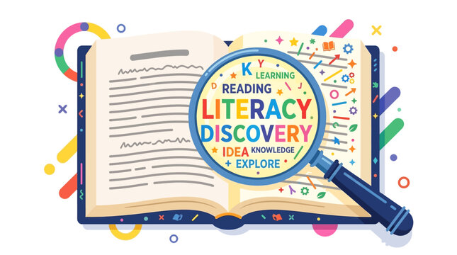 Colorful Conceptual Illustration of a Magnifying Glass Over an Open Book for Literacy and Knowledge