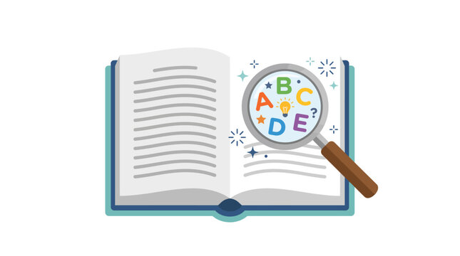 Education and Literacy Concept Illustration with Open Book and Magnifying Glass