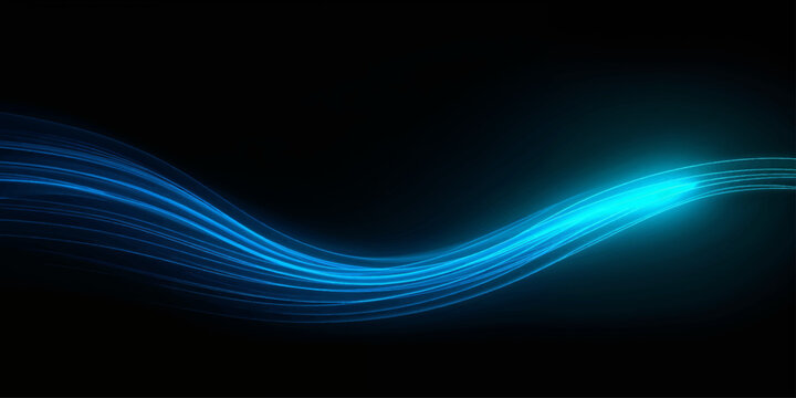 Smooth neon blue and cyan light ribbon wave on black background