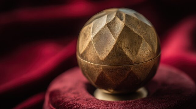 Polished brass geometric sphere paperweight reflecting soft light on luxurious red velvet surface.