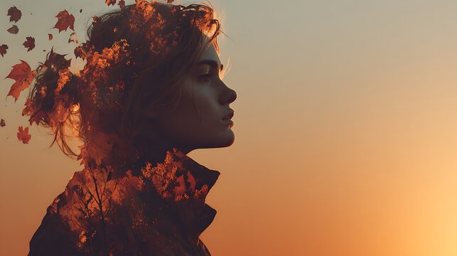 Thoughtful Woman s Profile with Autumn Leaves Dissolving into Hair at Sunset