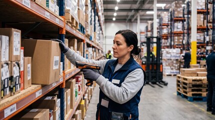 Fototapeta premium Female warehouse worker scanning cardboard box barcode with hand scanner
