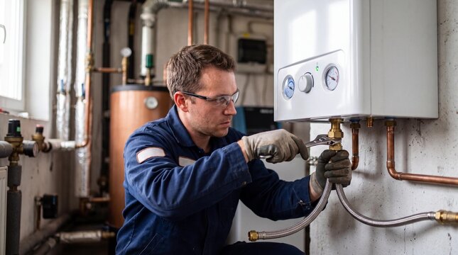 Plumber installing a tankless water heater in a home utility room