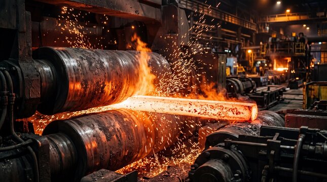 Hot steel billet passing through rollers in heavy industry steel mill
