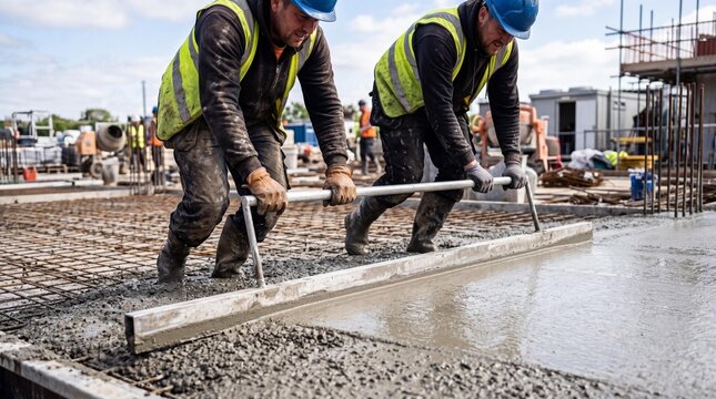 Construction Workers Levelling Wet Concrete Slab with Screed Tool