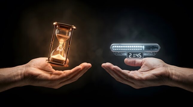 Time management, hands and hourglass with digital clock for efficiency, deadline and productivity. Innovation, past and future with measurement, countdown and progress for project success and goal