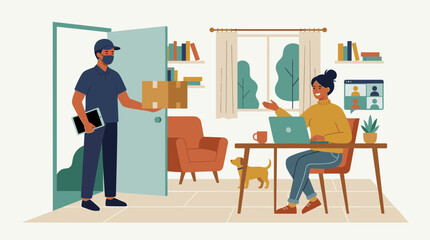 Fototapeta premium Delivery person hands package to woman working from home on video call