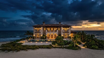 Fototapeta premium Beachfront stone mansion with pool and storm clouds at sunset