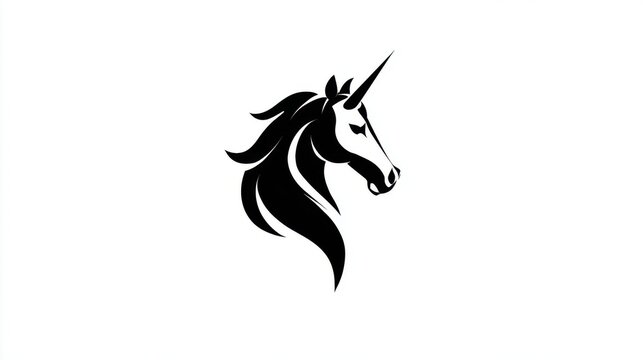 Minimal black unicorn head silhouette logo isolated on white background representing fantasy mythical creature branding emblem design and creativity concept
