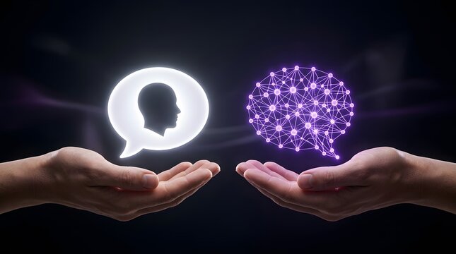 Artificial intelligence, brain and profile in hands for technology, digital communication and machine learning. Innovation, future and network with cyber research, logic, ideas and smart tool works