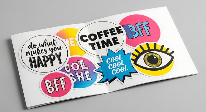 Colorful creative sticker collection on white paper sheet with stickers