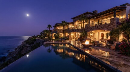 Obraz premium Coastal stone villa with infinity pool and fire pit at twilight