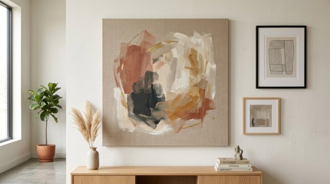 A minimalist abstract painting with muted tones of beige, brown, and black, hanging on a white wall in a modern, minimalist living room with a wooden console table and potted plant.