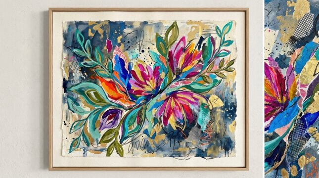 A vibrant abstract painting of colorful flowers with splashes of blue and gold, framed in a wooden frame with a light brown border.