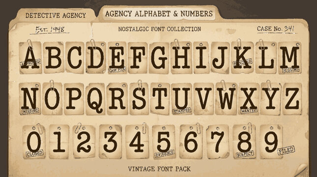 Vintage detective agency alphabet and numbers set on aged manila file folder texture for retro graphic design with letters numbers printed