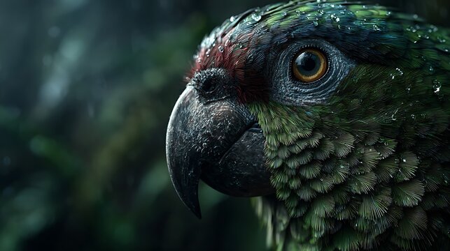 Close up macro portrait of a green parrot s head with water droplets on feathers. soft bokeh jungl