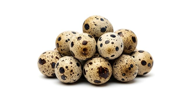 Small speckled quail eggs piled together on white surface with speckled