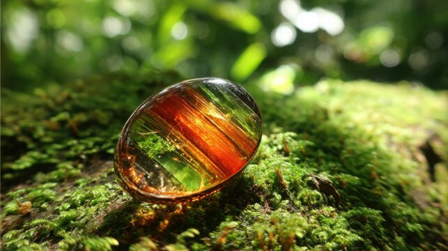 A vibrant tourmaline gemstone with watermelon hues rests on lush green moss in a close-up nature setting.