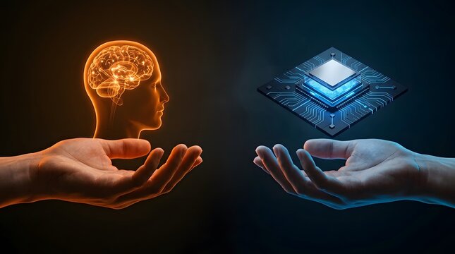 Artificial intelligence, brain and chip with hands for future, machine learning and digital transformation. Human mind, electronics and processor in palm with innovation, neural network and cyber