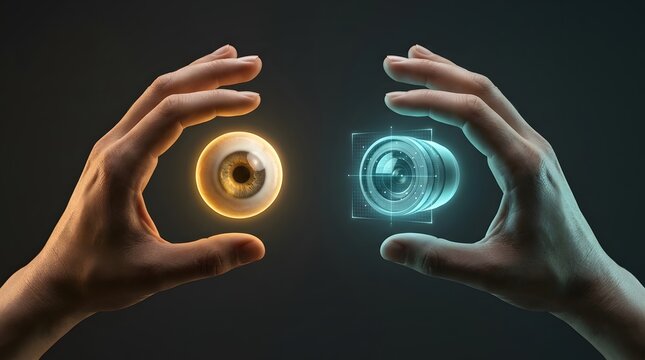 Vision, technology and eye with camera lens for digital transformation, artificial intelligence and biometric scan. Hands, optics and security with observation, iris recognition and future gear