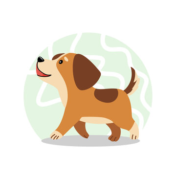 Cheerful cartoon beagle puppy walking happily with its tail up and looking forward