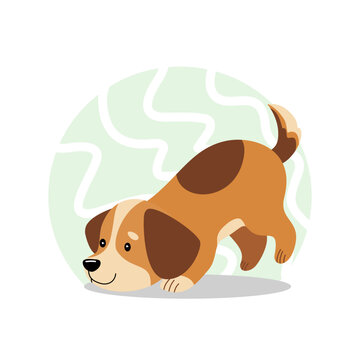 Energetic cartoon puppy stretching in a playful bow position, ready to run and play