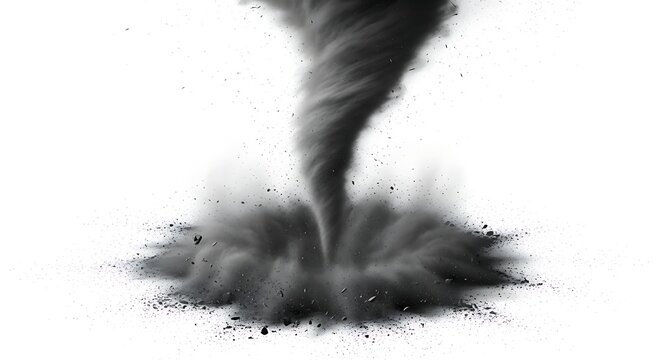 Tornado vortex swirling dark dust cloud over white background with disaster