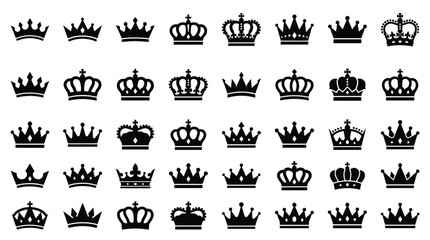 Large set of 40 black crown silhouettes and icons on a white background. Includes diverse styles from imperial royal crowns to minimalist modern tiaras and kingly headwear. © Saida Nahdhoh