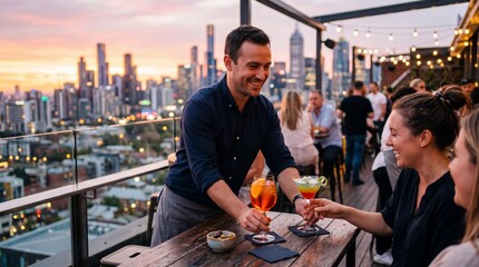 Fototapeta premium Friendly Waiter Serving Colorful Cocktails to Guests at Rooftop Bar Sunset