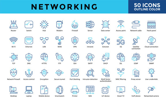 Networking icons set with router, switch, hub, modem, firewall, server, data center, access point, network cable, patch panel icon. Simple outline color vector 
