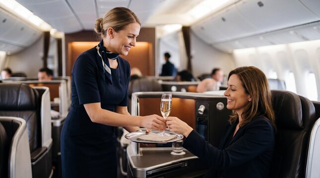 Flight Attendant Serving Champagne to Business Class Passenger on Airplane