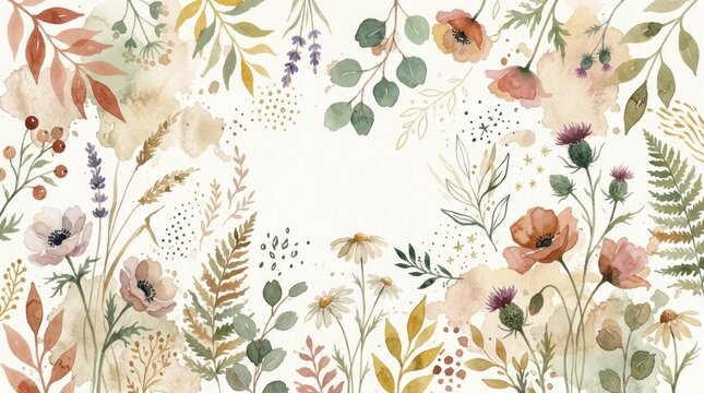 A watercolor floral border with autumnal colors, featuring poppies, leaves, and berries on a white background.