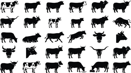 Obraz premium Assorted black cow and bull designs, showcasing farm animals in static and dynamic poses