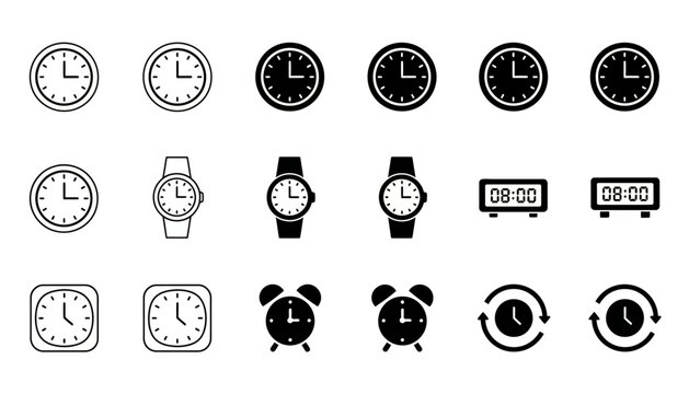 Clocks and watches are displayed as a collection of simple icons for time tracking.