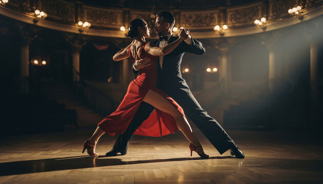 A couple performs a passionate tango dance on a dimly lit stage with ornate chandeliers and a dark background, showcasing elegance and intense emotion.