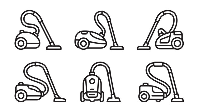 Set of vacuum cleaner icons showcasing various household cleaning appliance models in linear vector style with appliance cleaning household electric equipment housework maintenance collection
