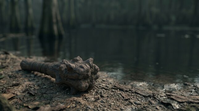 Spiked primitive wooden club lying on a muddy riverbank