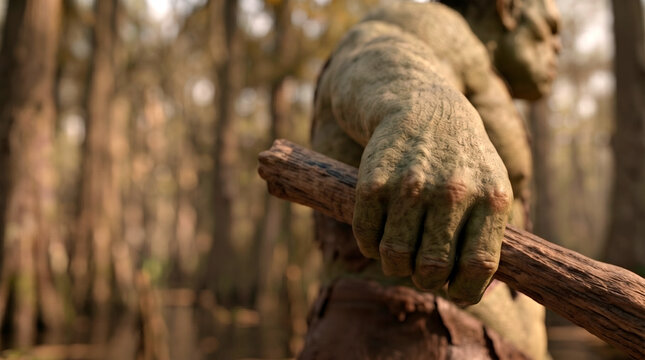 Close up of a green ogre hand holding a wooden club in a swamp