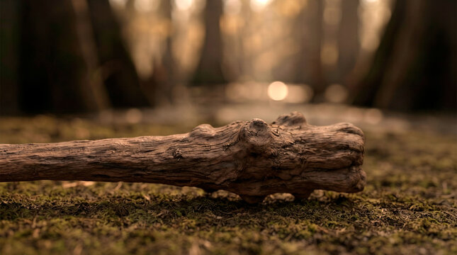 Primitive wooden club resting on mossy ground in a forest