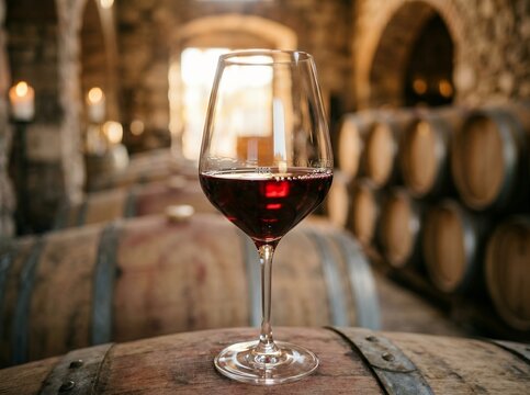 Glass of red wine in a rustic winery cellar with barrels.